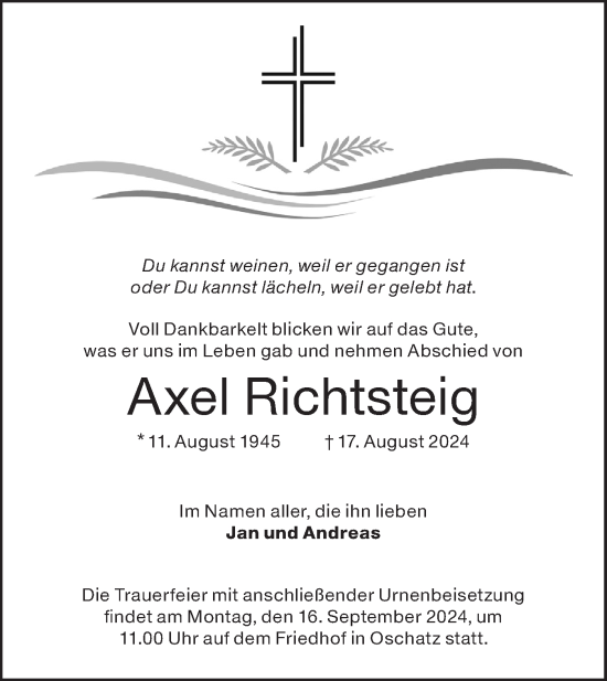 Traueranzeige von Axel Richtsteig von Lausitzer Rundschau