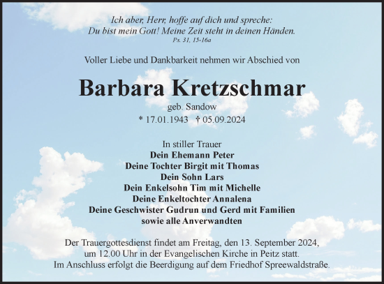 Traueranzeige von Barbara Kretzschmar von Lausitzer Rundschau