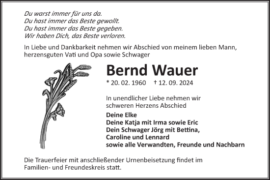 Traueranzeige von Bernd Wauer von Lausitzer Rundschau