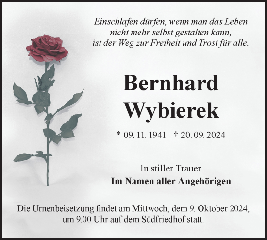 Traueranzeige von Bernhard Wybierek von Lausitzer Rundschau