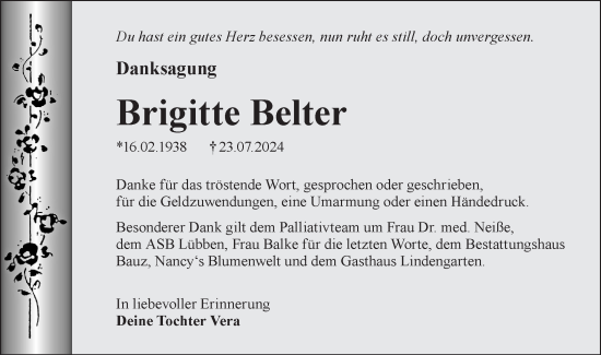 Traueranzeige von Brigitte Belter von Lausitzer Rundschau