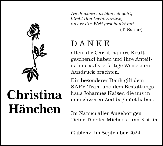 Traueranzeige von Christina Hänchen von Lausitzer Rundschau