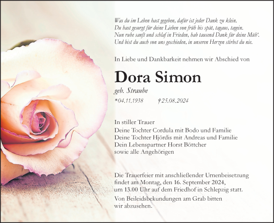 Traueranzeige von Dora Simon von Lausitzer Rundschau