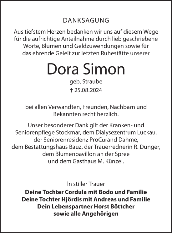 Traueranzeige von Dora Simon von Lausitzer Rundschau