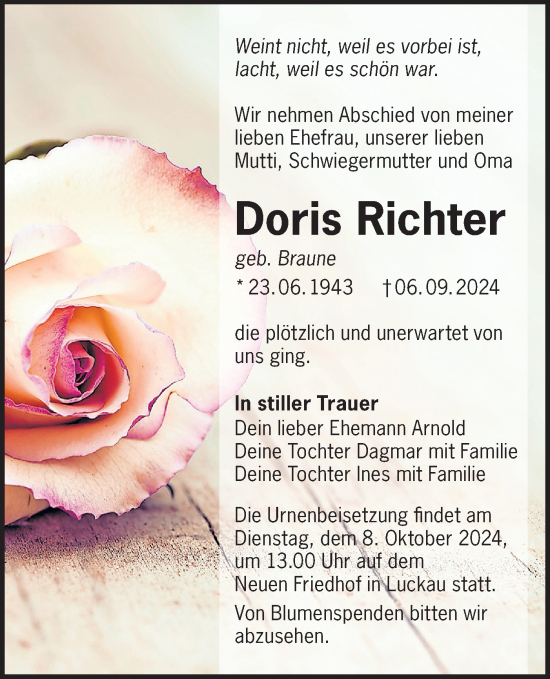 Traueranzeige von Doris Richter von Lausitzer Rundschau