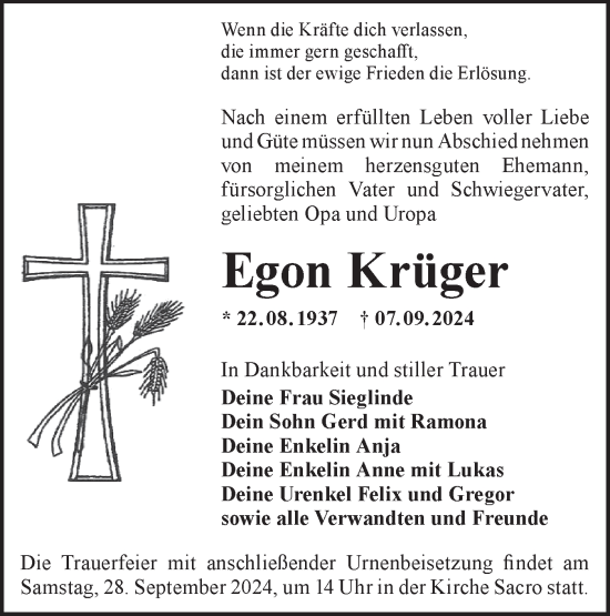 Traueranzeige von Egon Krüger von Lausitzer Rundschau