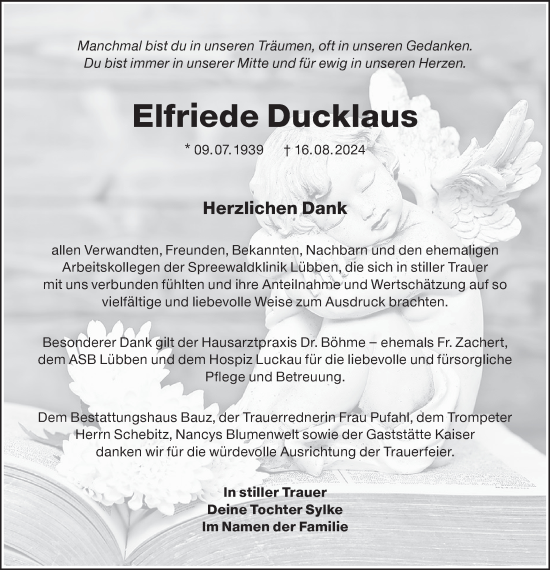 Traueranzeige von Elfriede Ducklaus von Lausitzer Rundschau