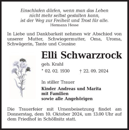 Traueranzeige von Elli Schwarzrock von Lausitzer Rundschau