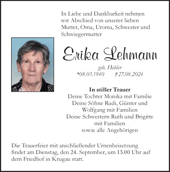 Traueranzeige von Erika Lehmann von Lausitzer Rundschau