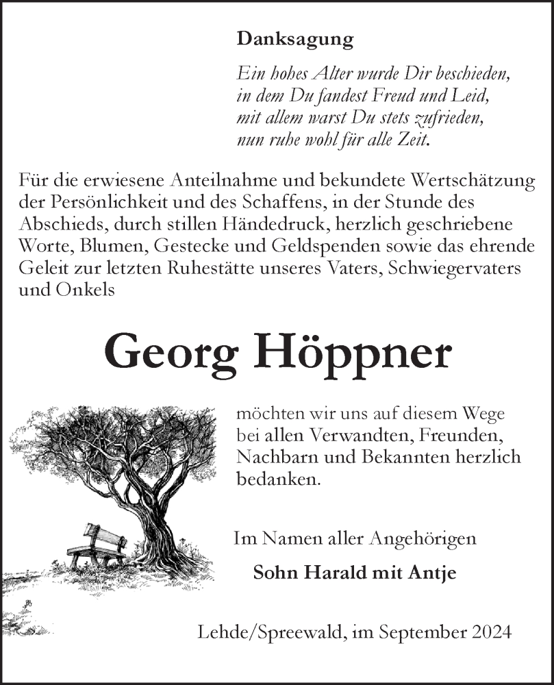  Traueranzeige für Georg Höppner vom 21.09.2024 aus Lausitzer Rundschau