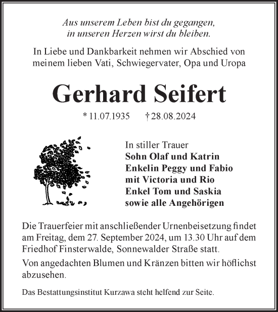 Traueranzeige von Gerhard Seifert von Lausitzer Rundschau