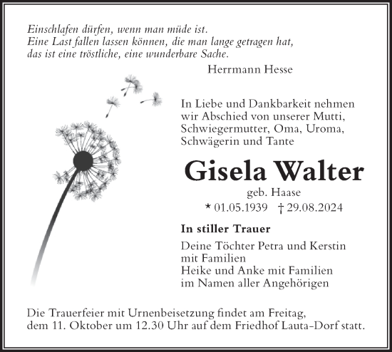 Traueranzeige von Gisela Walter von Lausitzer Rundschau