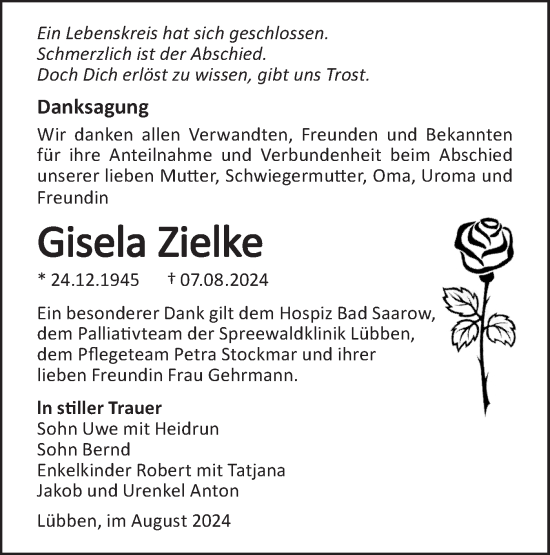 Traueranzeige von Gisela Zielke von Lausitzer Rundschau