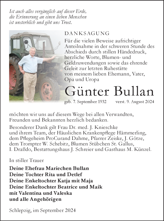 Traueranzeige von Günter Bullan von Lausitzer Rundschau