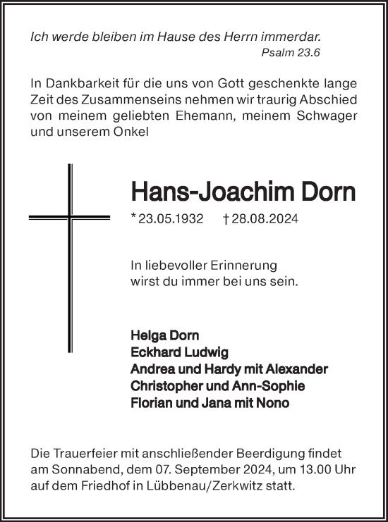 Traueranzeige von Hans-Joachim Dorn von Lausitzer Rundschau