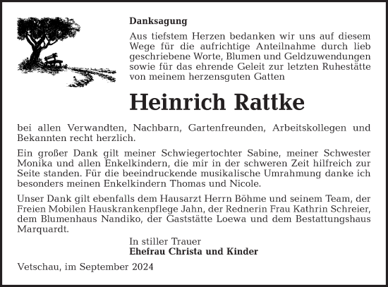 Traueranzeige von Heinrich Rattke von Lausitzer Rundschau