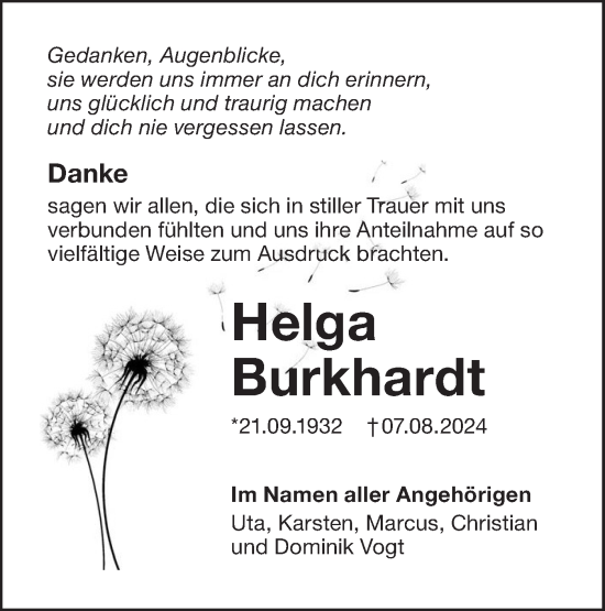 Traueranzeige von Helga Burkhardt von Lausitzer Rundschau