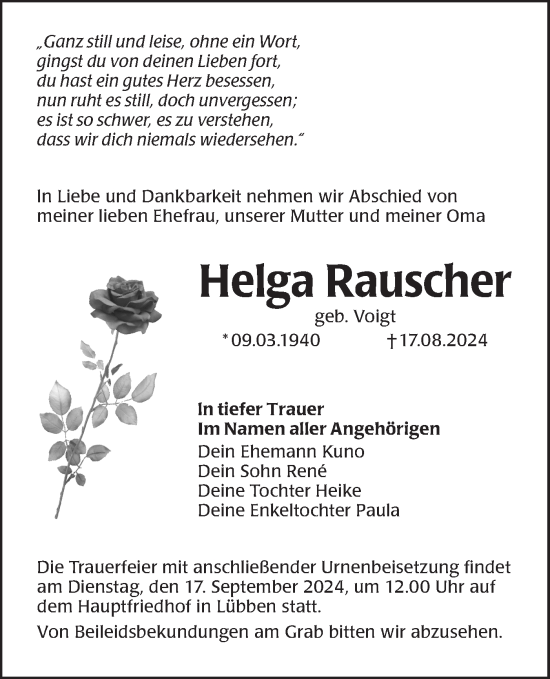 Traueranzeige von Helga Rauscher von Lausitzer Rundschau