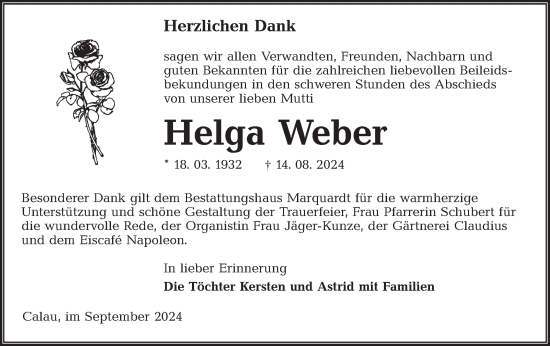 Traueranzeige von Helga Weber von Lausitzer Rundschau