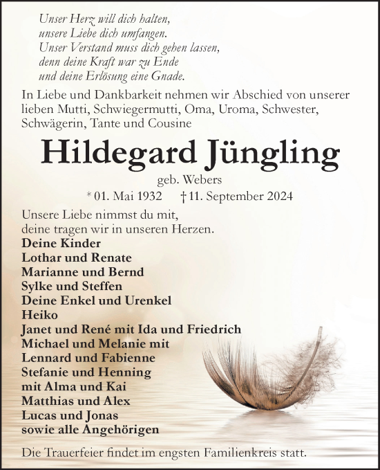 Traueranzeige von Hildegard Jüngling von Lausitzer Rundschau