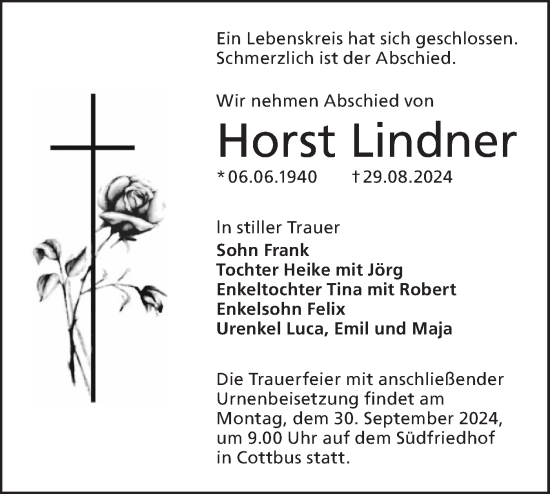 Traueranzeige von Horst Lindner von Lausitzer Rundschau