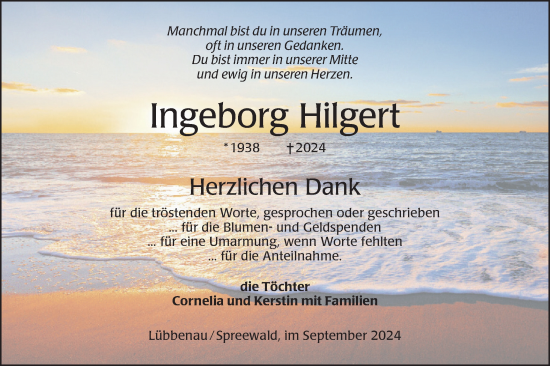 Traueranzeige von Ingeborg Hilgert von Lausitzer Rundschau