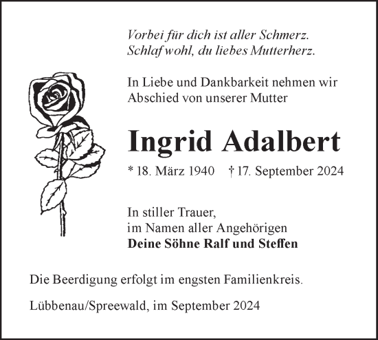 Traueranzeige von Ingrid Adalbert von Lausitzer Rundschau