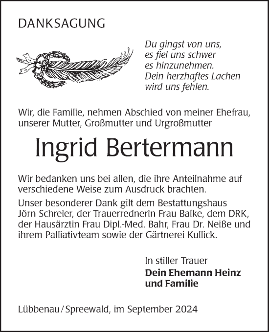 Traueranzeige von Ingrid Bertermann von Lausitzer Rundschau