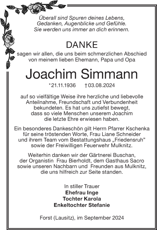 Traueranzeige von Joachim Simmann von Lausitzer Rundschau