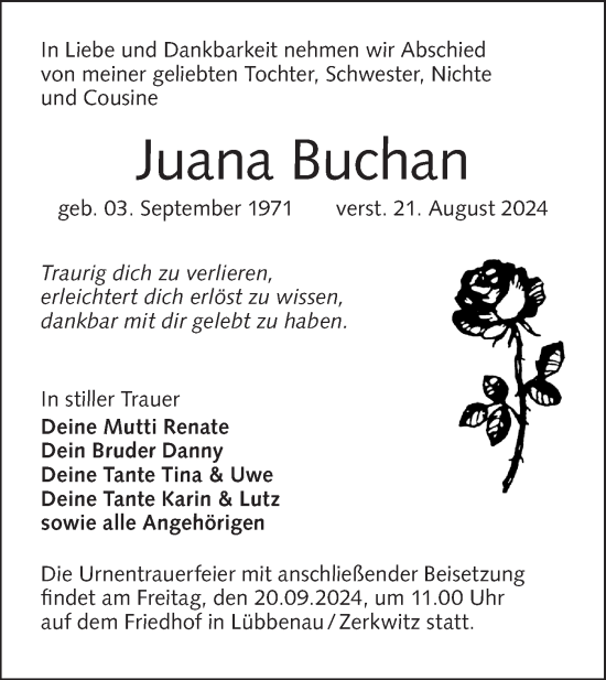 Traueranzeige von Juana Buchan von Lausitzer Rundschau