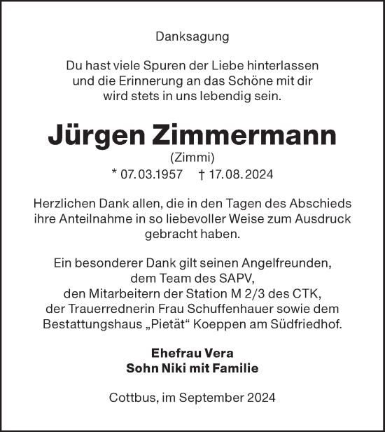 Traueranzeige von Jürgen Zimmermann von Lausitzer Rundschau