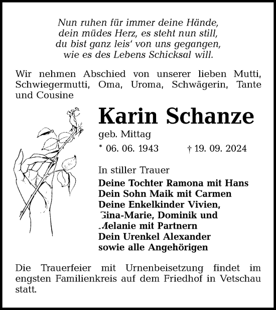 Traueranzeige von Karin Schanze von Lausitzer Rundschau