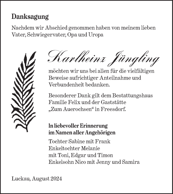 Traueranzeige von Karlheinz Jüngling von Lausitzer Rundschau