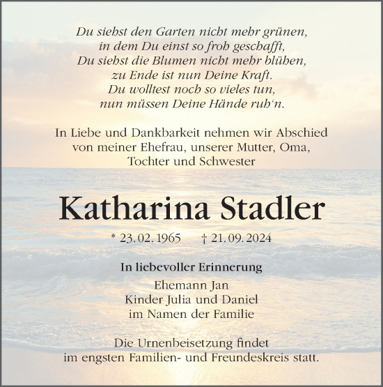 Traueranzeige von Katharina Stadler von Lausitzer Rundschau