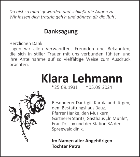 Traueranzeige von Klara Lehmann von Lausitzer Rundschau