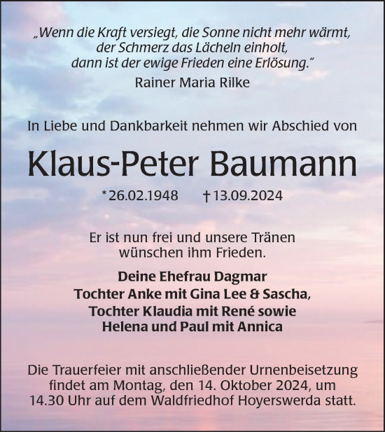 Traueranzeige von Klaus-Peter Baumann von Lausitzer Rundschau