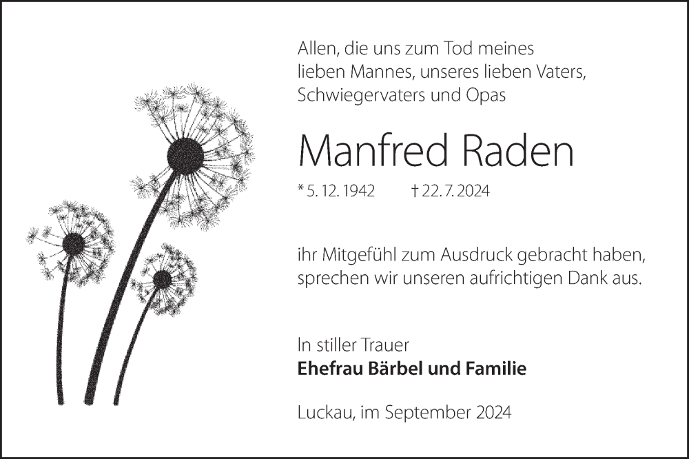  Traueranzeige für Manfred Raden vom 28.09.2024 aus Lausitzer Rundschau
