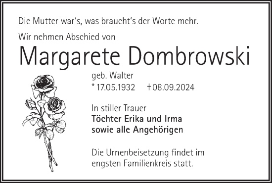 Traueranzeige von Margarete Dombrowski von Lausitzer Rundschau