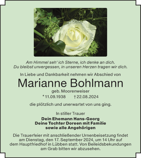 Traueranzeige von Marianne Bohlmann von Lausitzer Rundschau