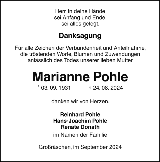 Traueranzeige von Marianne Pohle von Lausitzer Rundschau
