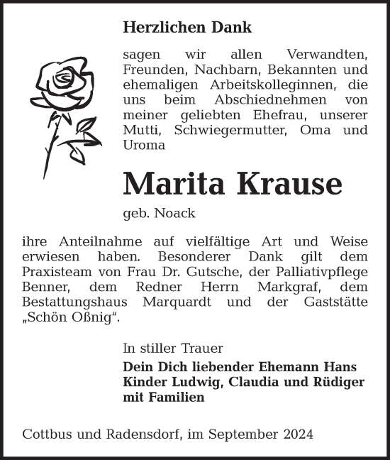 Traueranzeige von Marita Krause von Lausitzer Rundschau