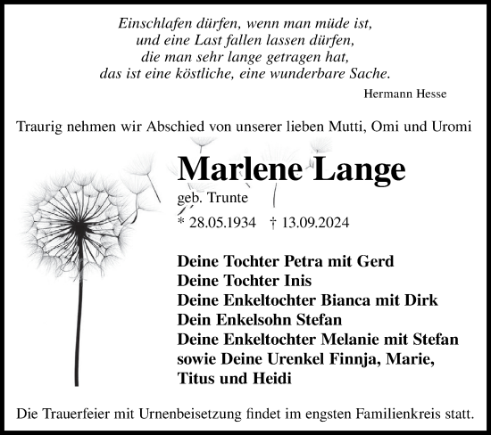 Traueranzeige von Marlene Lange von Lausitzer Rundschau