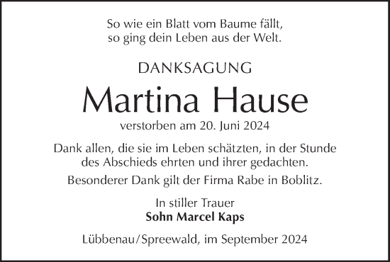 Traueranzeige von Martina Hause von Lausitzer Rundschau