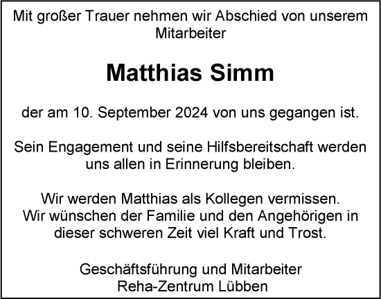 Traueranzeige von Matthias Simm von Lausitzer Rundschau