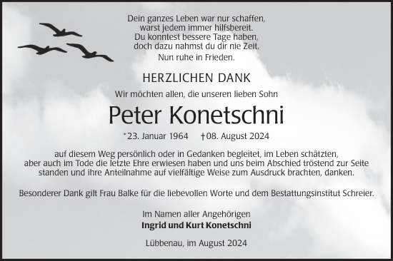 Traueranzeige von Peter Konetschni von Lausitzer Rundschau