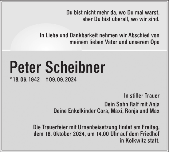 Traueranzeige von Peter Scheibner von Lausitzer Rundschau