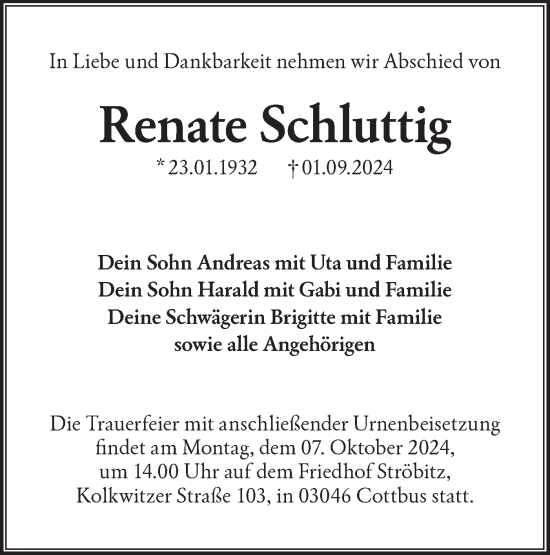 Traueranzeige von Renate Schluttig von Lausitzer Rundschau