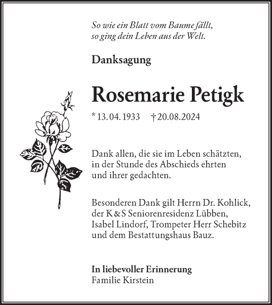 Traueranzeige von Rosemarie Petigk von Lausitzer Rundschau