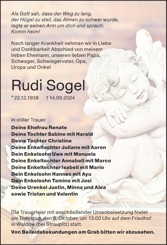 Traueranzeige von Rudi Sogel von Lausitzer Rundschau