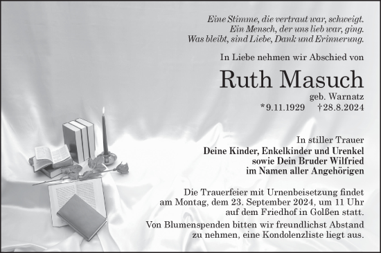 Traueranzeige von Ruth Masuch von Lausitzer Rundschau